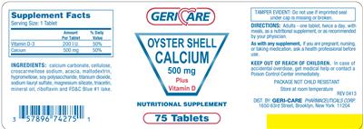 Photo of the Geri-Care Oyster Shell Calcium 500 mg plus Vitamin D label