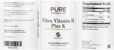Photo of the PureFormulas Ultra Vitamin D plus K label