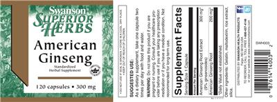 Photo of the Swanson Superior Herbs American Ginseng 300 mg label