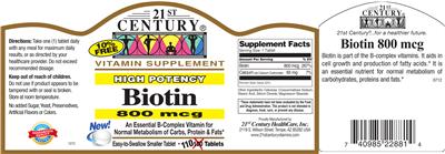 Photo of the 21st Century High Potency Biotin 800 mcg label