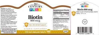 Photo of the 21st Century Biotin 800 mcg label