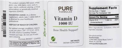 Photo of the PureFormulas Vitamin D 1000 IU label