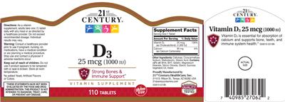 Photo of the 21st Century D3 25 mcg (1000 IU) label