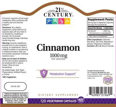 Photo of the 21st Century Cinnamon 1000 mg label