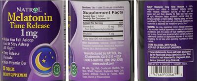 Photo of the Natrol Melatonin 1 mg Time Release label