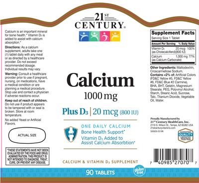 Photo of the 21st Century Calcium 1000 mg label