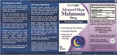 Photo of the Natrol Advanced Sleep Melatonin 10 mg Maximum Strength label