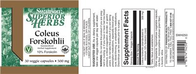Photo of the Swanson Superior Herbs Coleus Forskohlii 500 mg label