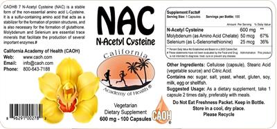 Photo of the California Academy of Health NAC N-Acetyl Cysteine 600 mg label