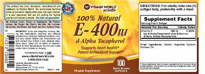 Photo of the Vitamin World 100% Natural E-400 IU label