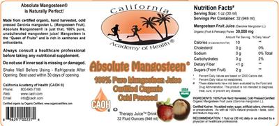 Photo of the California Academy of Health Absolute Mangosteen label