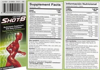 Photo of the Genomma Lab Shot B label