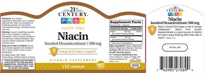Photo of the 21st Century Niacin Inositol Hexanicotinate 500 mg label