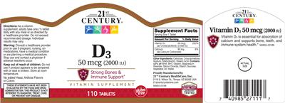 Photo of the 21st Century D3 50 mcg (2000 IU) label