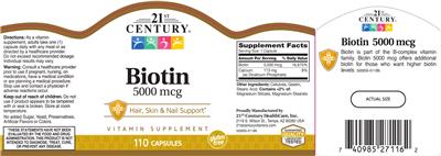 Photo of the 21st Century Biotin 5000 mcg label