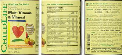 Photo of the ChildLife Essentials Multi Vitamin & Mineral Natural Orange/Mango Flavor label