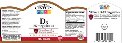 Photo of the 21st Century D3 25 mcg (1000 IU) label