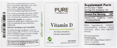 Photo of the PureFormulas Vitamin D label