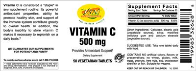 Photo of the VSN Vital Strength Nutrition Vitamin C 500 mg label