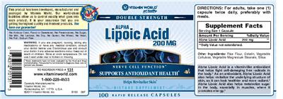 Photo of the Vitamin World Double Strength Alpha Lipoic Acid 200 mg label