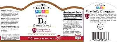 Photo of the 21st Century Chewable D3 10 mcg (400 IU) label