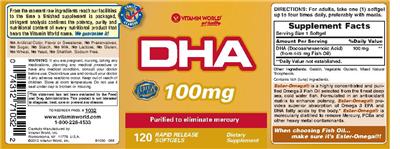 Photo of the Vitamin World DHA 100 mg label