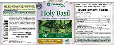 Photo of the Vitamin World Holy Basil 450 mg label
