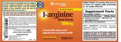 Photo of the Vitamin World Maximum Strength L-Arginine 1000 mg label