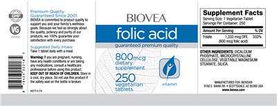 Photo of the BIOVEA Folic Acid 800 mcg label