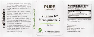 Photo of the PureFormulas Vitamin K2 Menaquinone-7 label