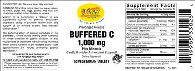 Photo of the VSN Vital Strength Nutrition Buffered C 1,000 mg Plus Minerals label