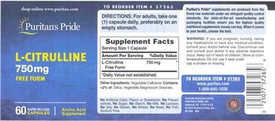 Photo of the Puritan's Pride L-Citrulline Free Form 750 mg label
