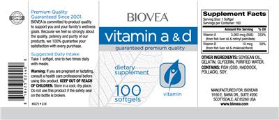 Photo of the BIOVEA Vitamin A & D label