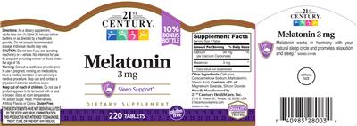 Photo of the 21st Century Melatonin 3 mg label