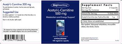 Photo of the Allergy Research Group Acetyl-L-Carnitine 500 mg label