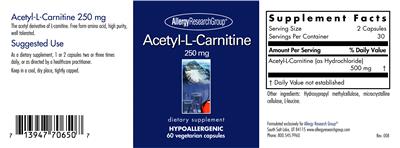 Photo of the Allergy Research Group Acetyl-L-Carnitine 250 mg label