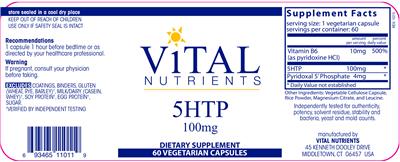 Photo of the Vital Nutrients 5HTP 100 mg label