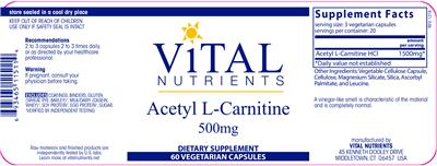 Photo of the Vital Nutrients Acetyl L-Carnitine 500 mg label