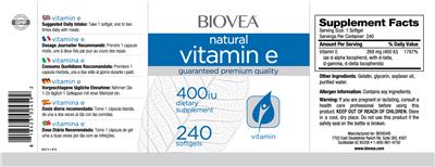 Photo of the BIOVEA Natural Vitamin E 400 IU label