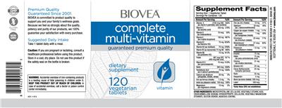 Photo of the BIOVEA Complete Multi-Vitamin label