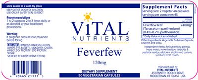 Photo of the Vital Nutrients Feverfew 120 mg label
