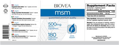 Photo of the BIOVEA MSM 500 mg label