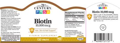 Photo of the 21st Century Biotin 10,000 mcg label
