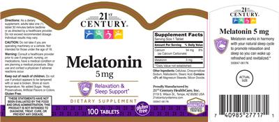 Photo of the 21st Century Melatonin 5 mg label