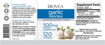 Photo of the BIOVEA Garlic Odorless 500 mg label