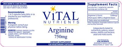 Photo of the Vital Nutrients Arginine 750 mg label