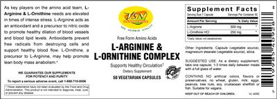Photo of the VSN Vital Strength Nutrition L-Arginine & L-Ornithine Complex label