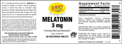 Photo of the VSN Vital Strength Nutrition Melatonin 3 mg label