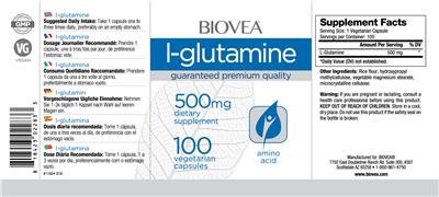 Photo of the BIOVEA L-Glutamine 500 mg label