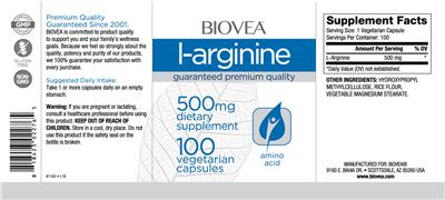 Photo of the BIOVEA L-Arginine 500 mg label